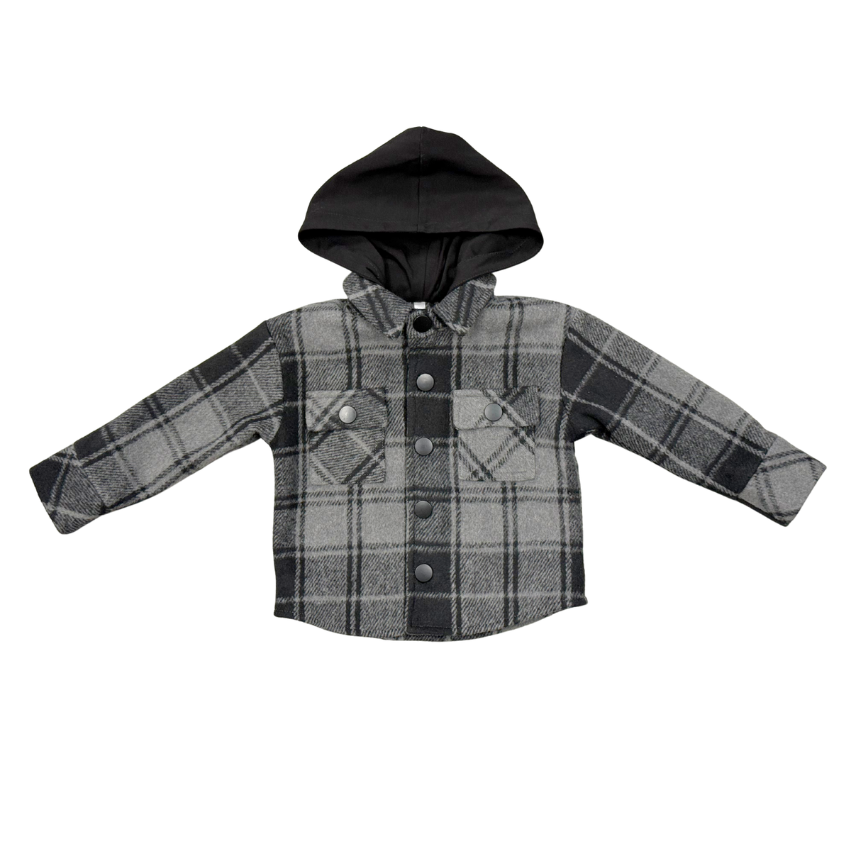 Kid's Hooded Shacket In Charcoal Plaid