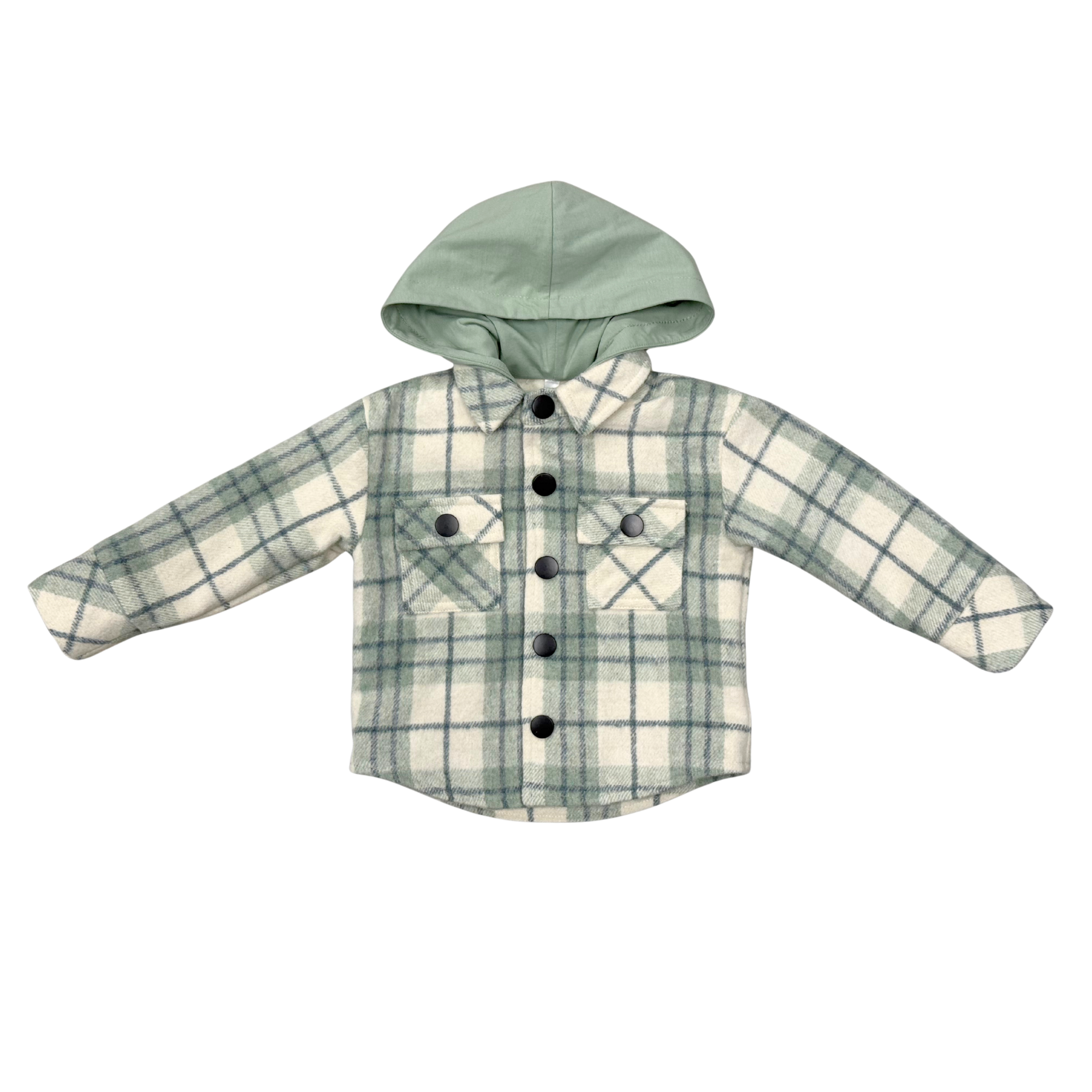 Kids Hooded Shacket In Mint Plaid