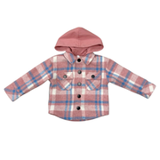 Kids Hooded Shacket In Pink Blue Plaid