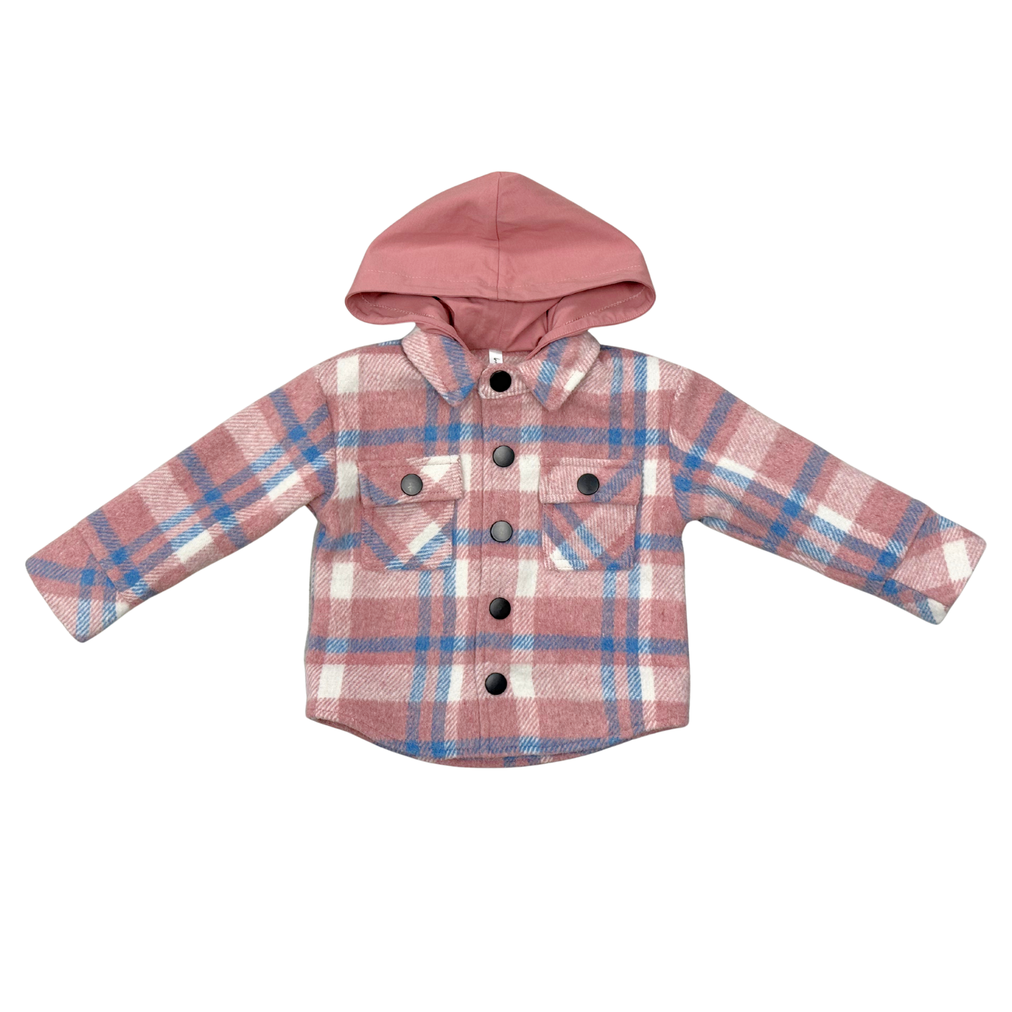Kids Hooded Shacket In Pink Blue Plaid