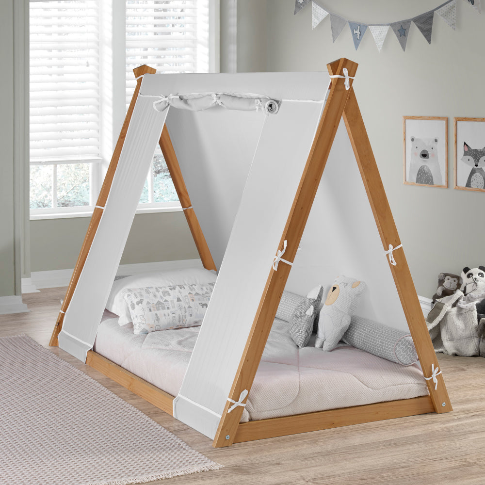 Kid's Tent Twin Floor Bed –  Grey Tent with Natural Frame