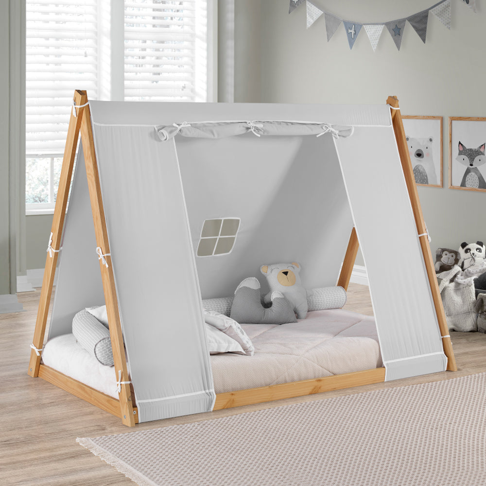 Kid's Tent Twin Floor Bed –  Grey Tent with Natural Frame