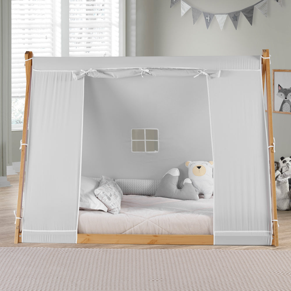 Kid's Tent Twin Floor Bed –  Grey Tent with Natural Frame