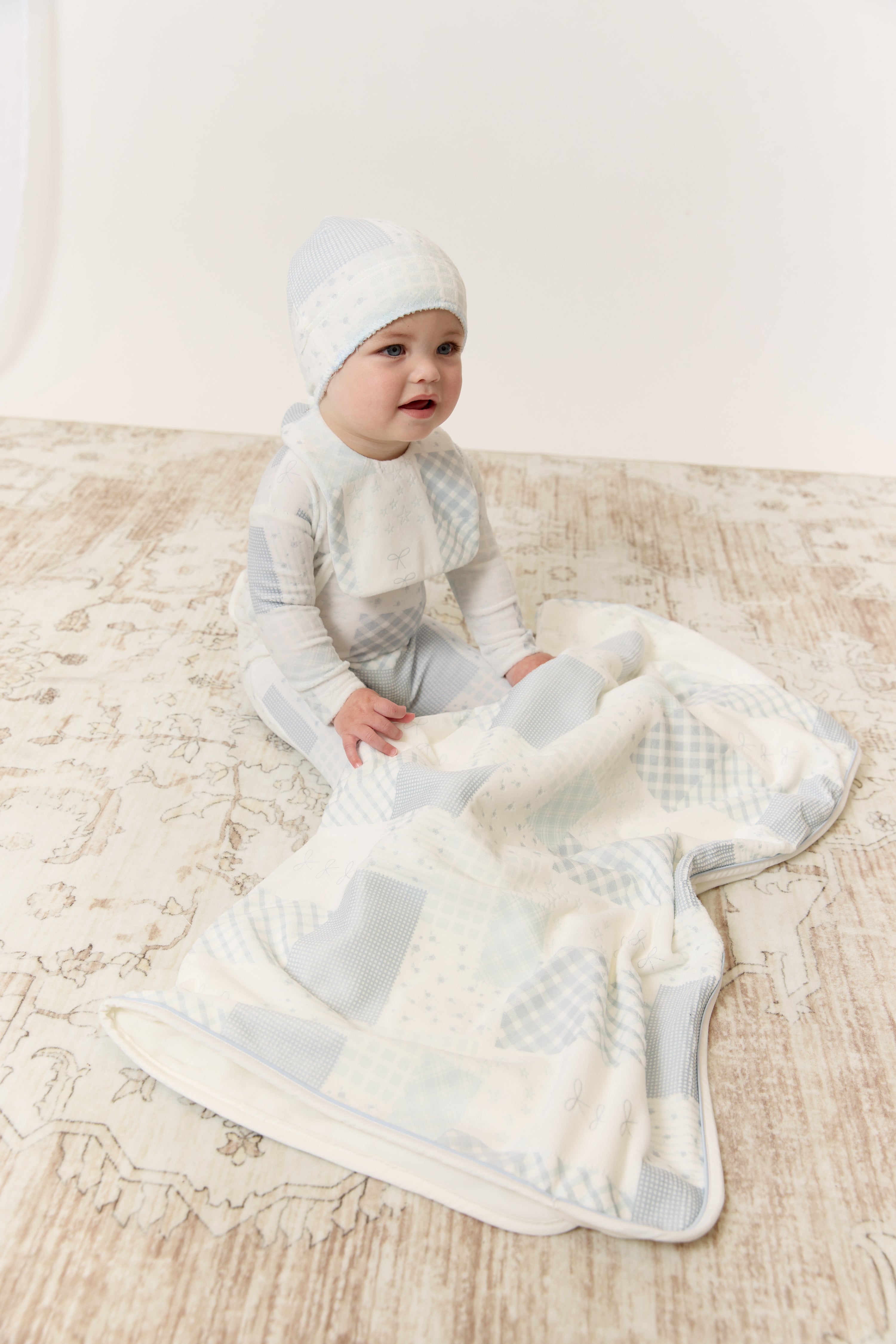 Patchwork Footie, Hat & Blanket Set - Blue