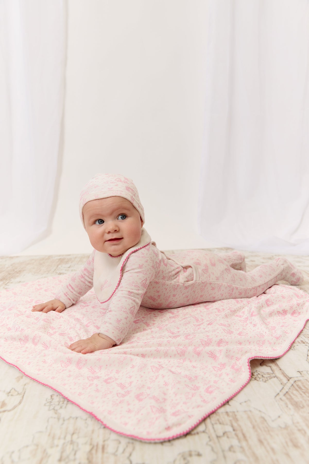 Woodland Toile Footie, Hat & Blanket Set - Pink