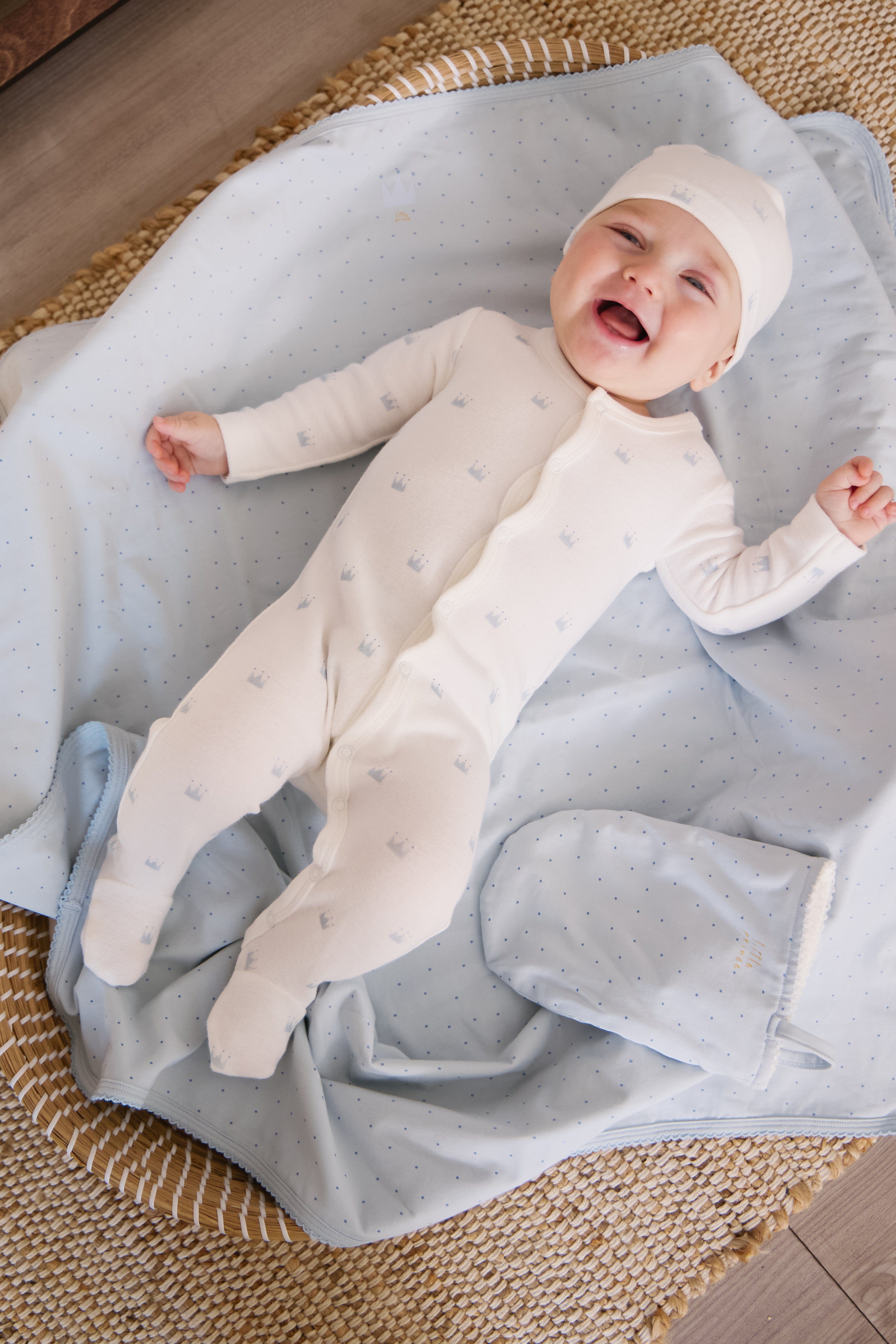 Little Crown Pattern Terry Footie - Blue