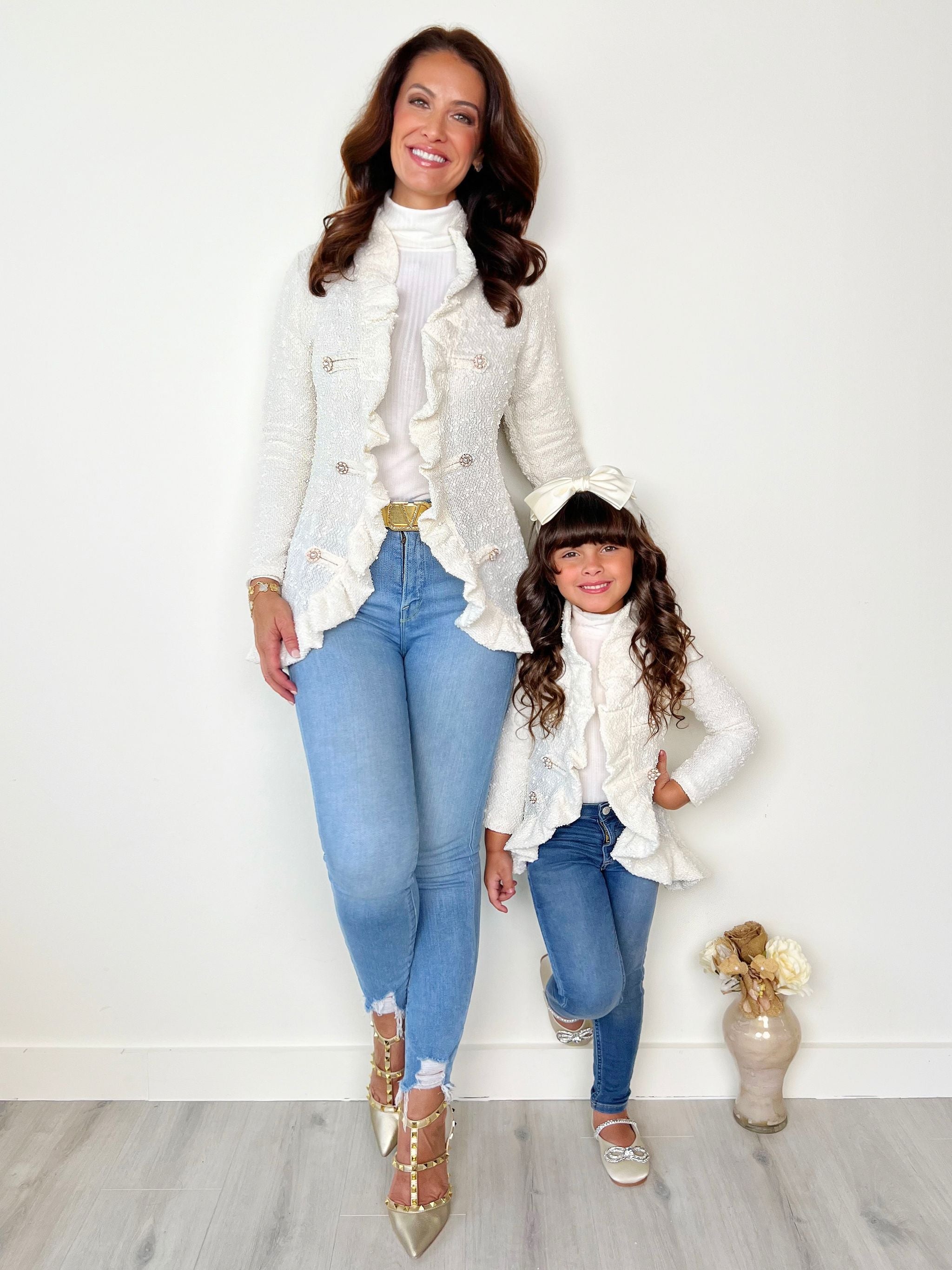 Mommy And Me Classy Duo Ivory Blazer Ruffle Cardigan