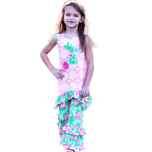 Annloren Girls Easter Bunny Outfit Tunic Spring Floral Ruffle Capri Pants