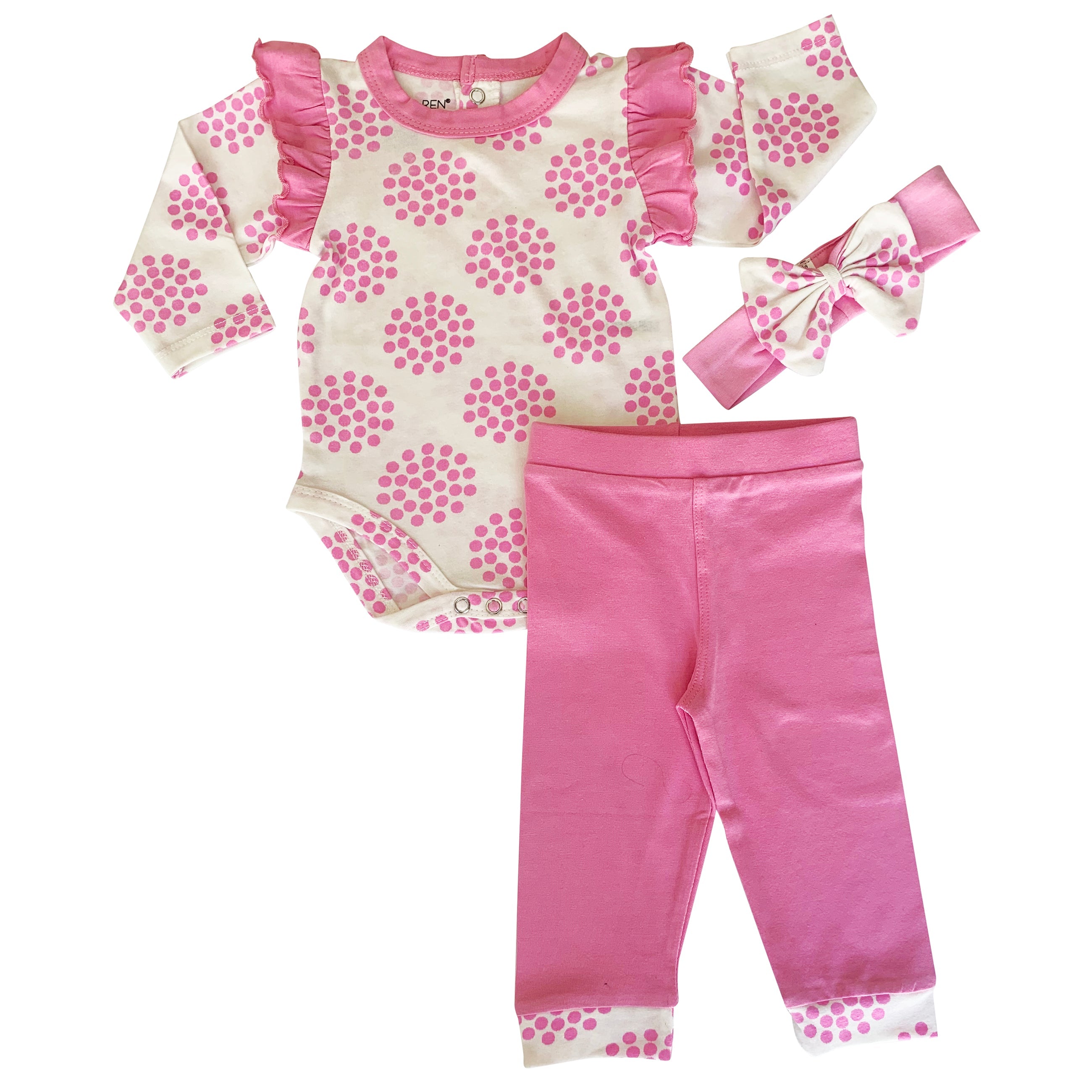 Annloren Baby Girls Layette Pink Polka Dot Onesie Pants Headband 3pc Gift Set Clothing