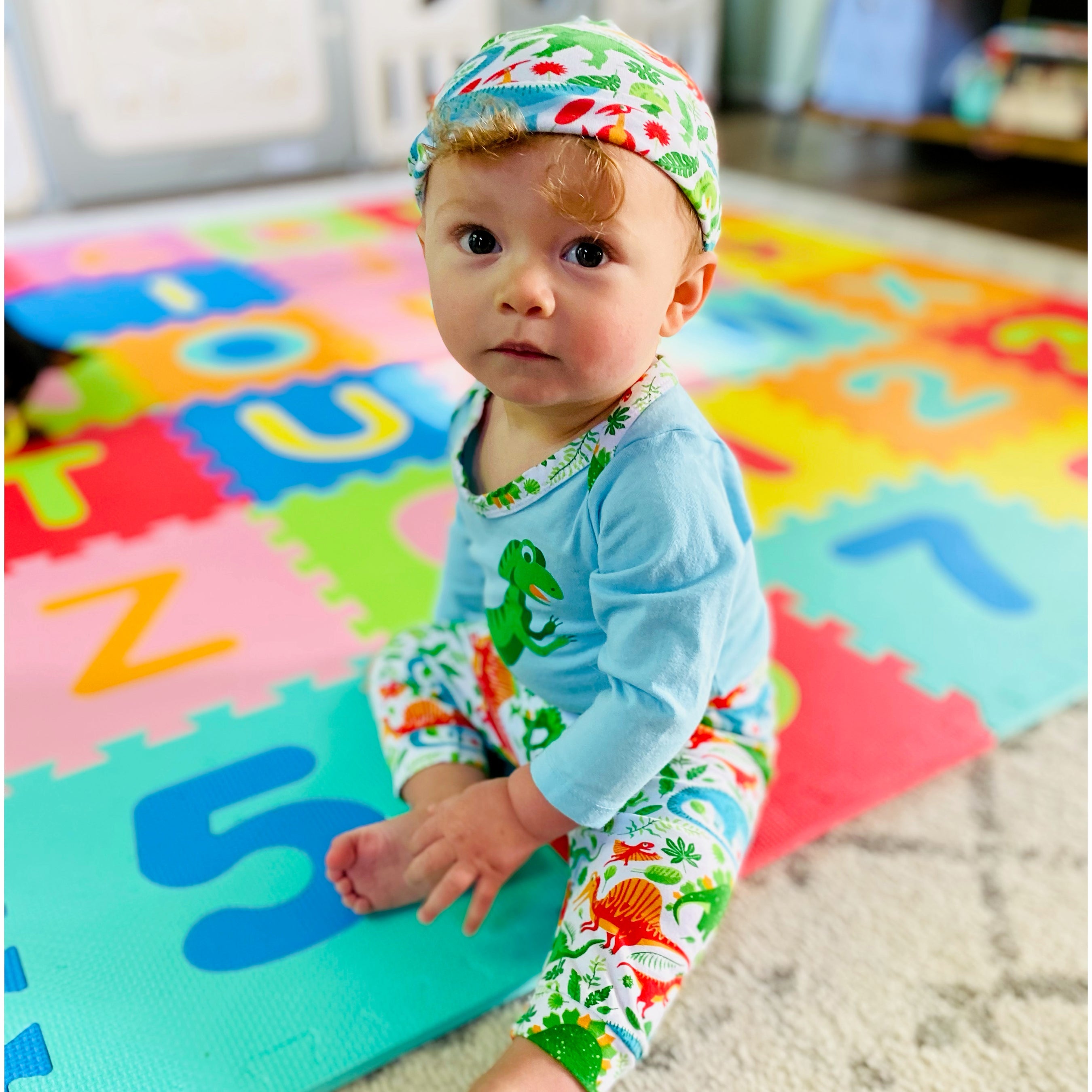 Annloren Baby Layette Boys Dinosaur Long Sleeve Onesie Pants Cap 3pc Gift Set