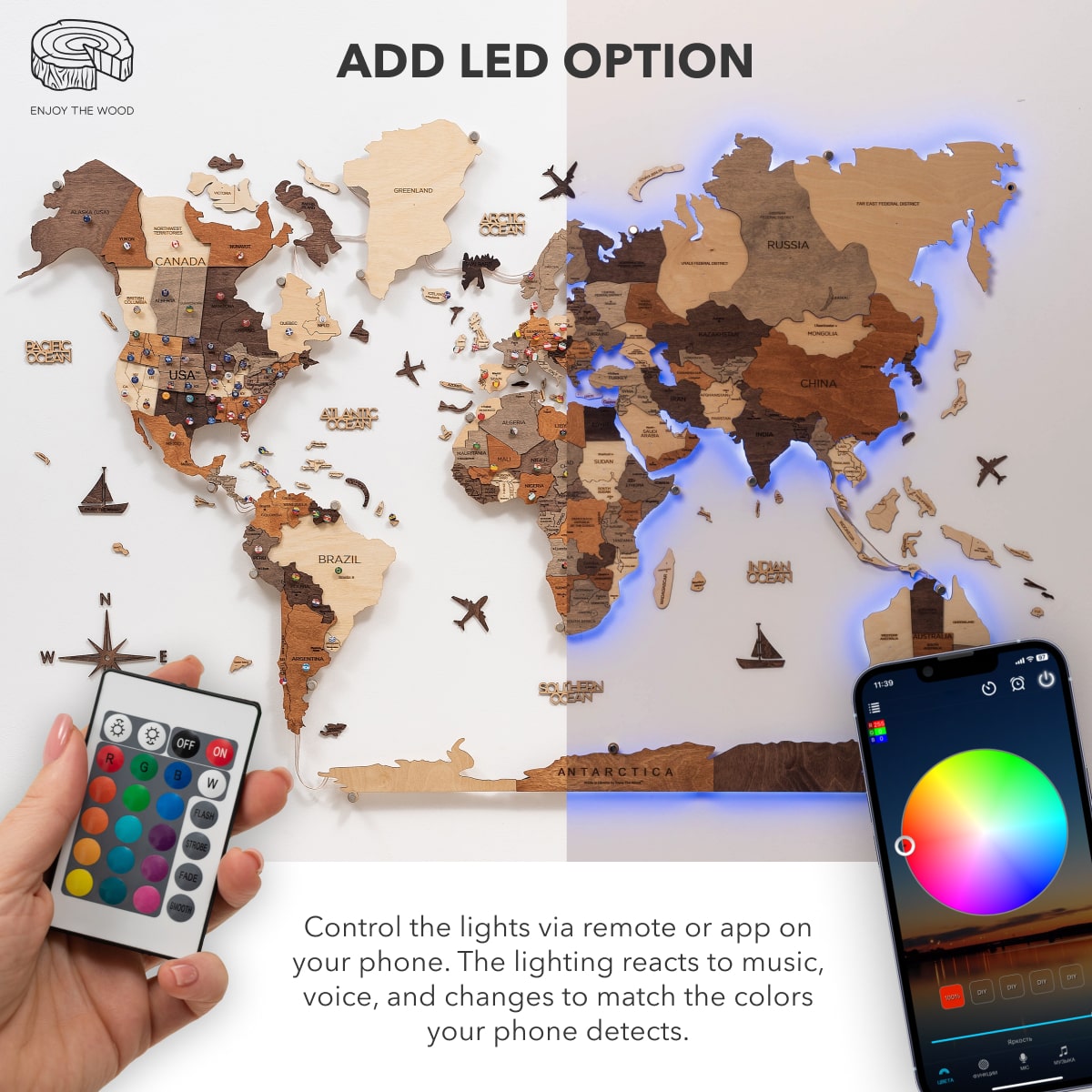 3d Led / Luminous Wooden World Map 3.0 Dune