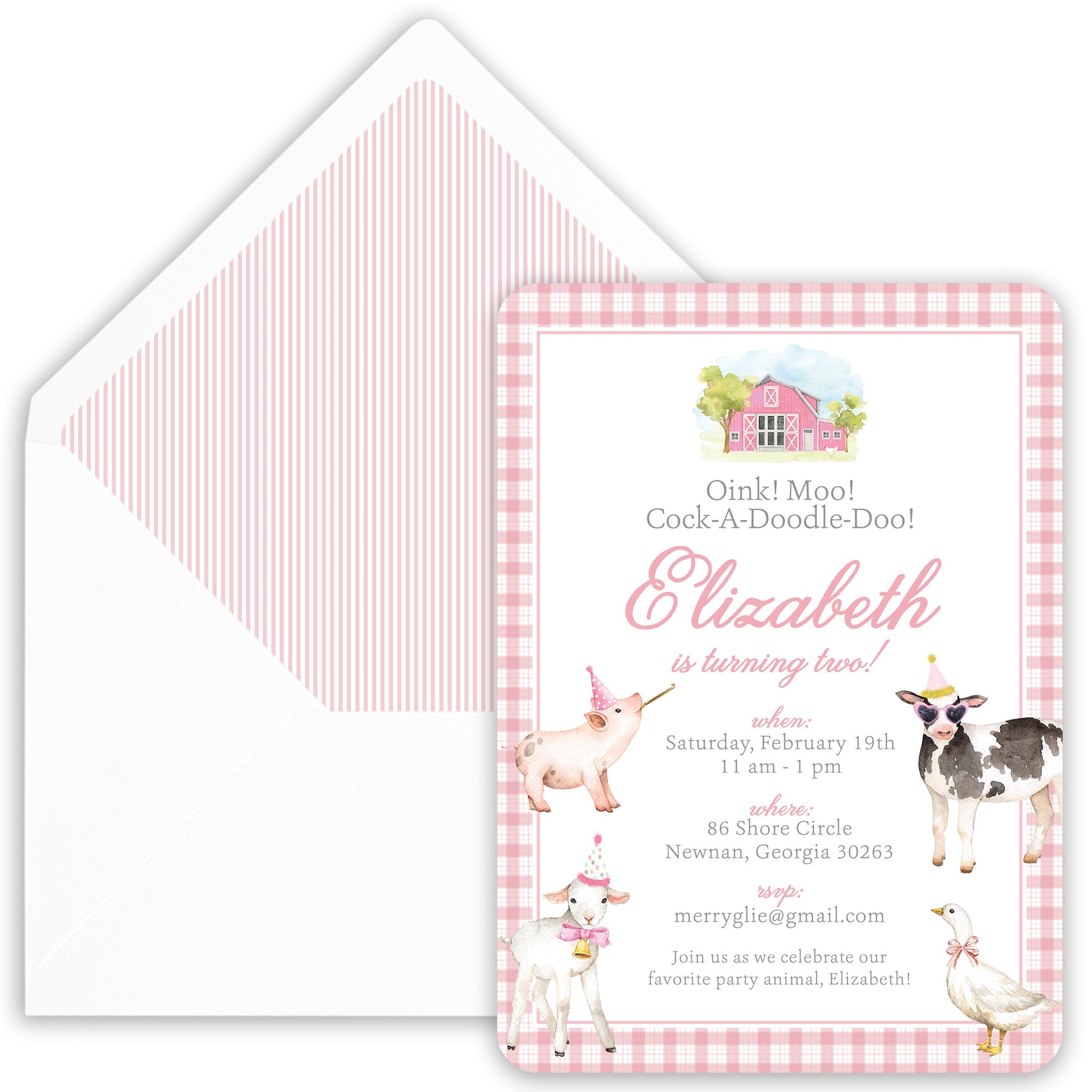 Pink Farm Animal Birthday Invitation