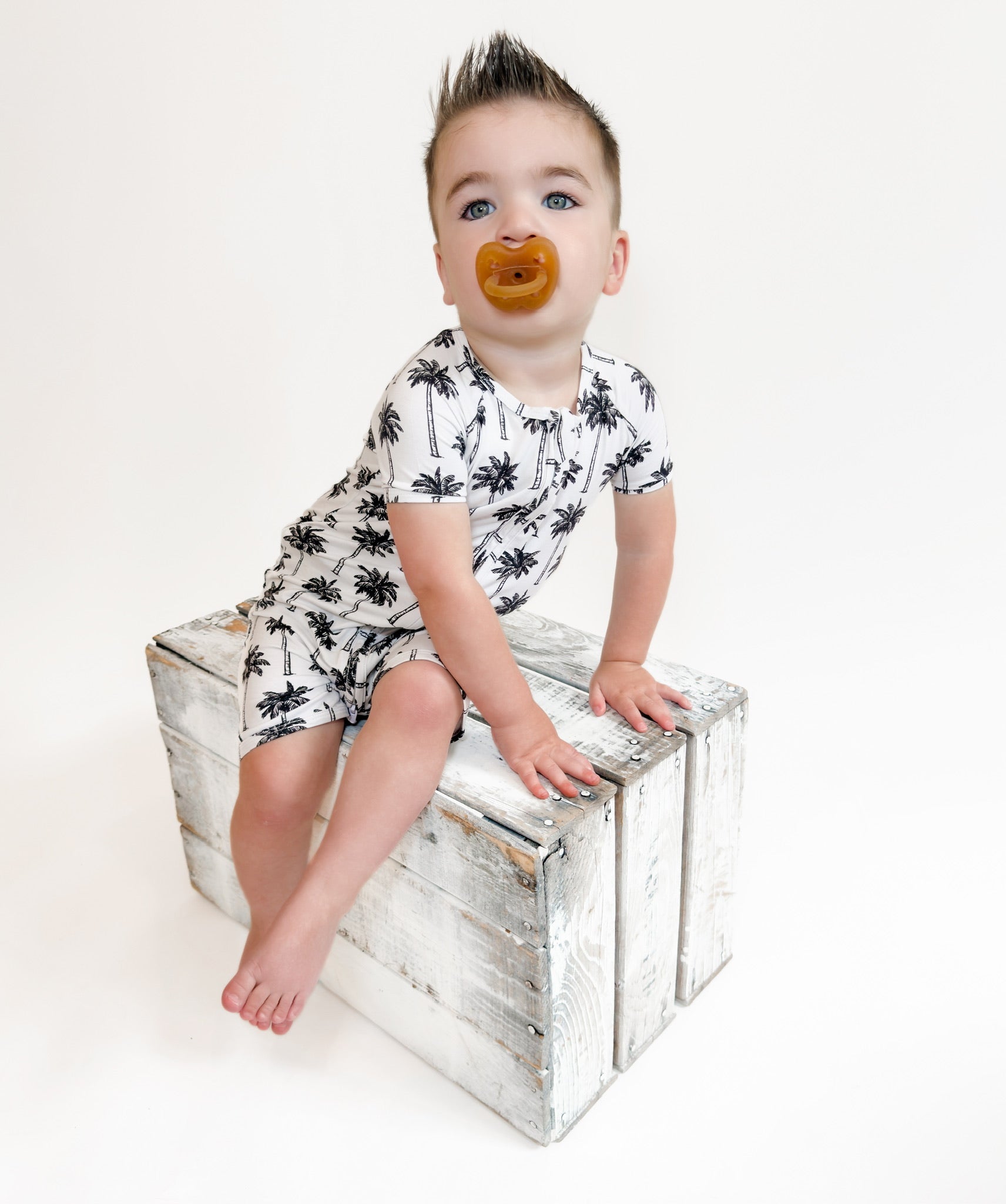 Bamboo Shorty Romper  | Palm Style White