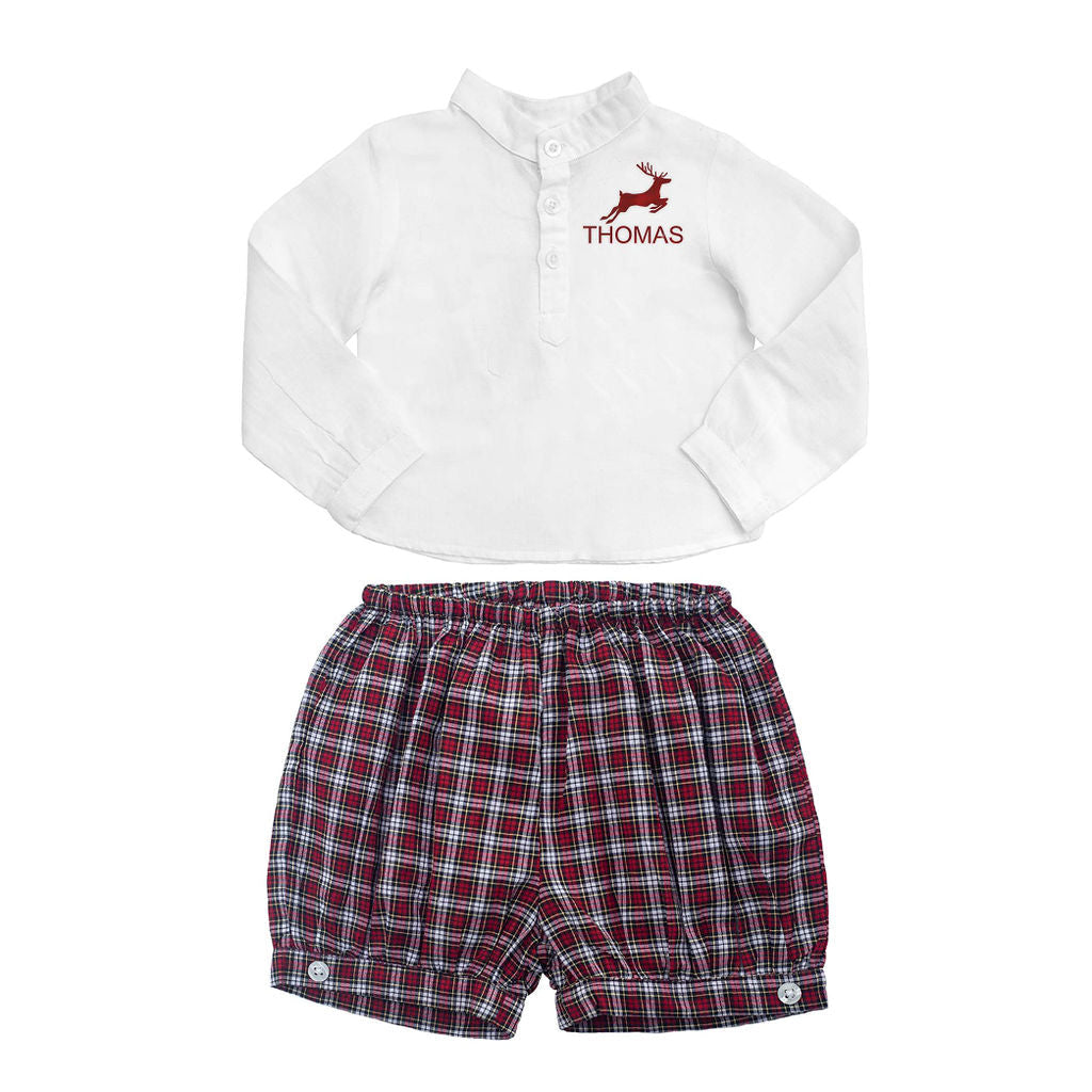 Gift Set Boys French Collar White Shirt And Tartan Shorts Holiday Set With Monogram