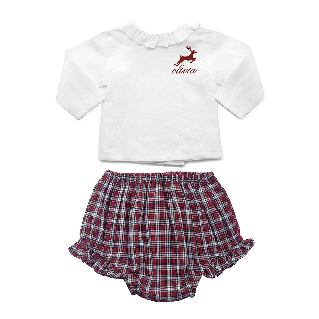 Gift Set Double Button Frill Blouse And Tartan Frill  Bloomer Holiday Set With Monogram