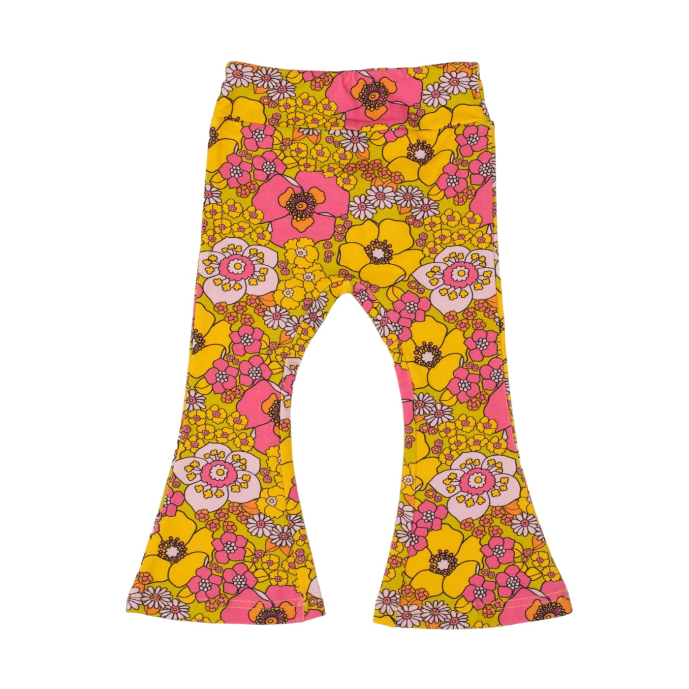 Pink And Yellow Flower Power Jersey Bell Bottoms Flare Leggings For Babies, Toddlers And Girls