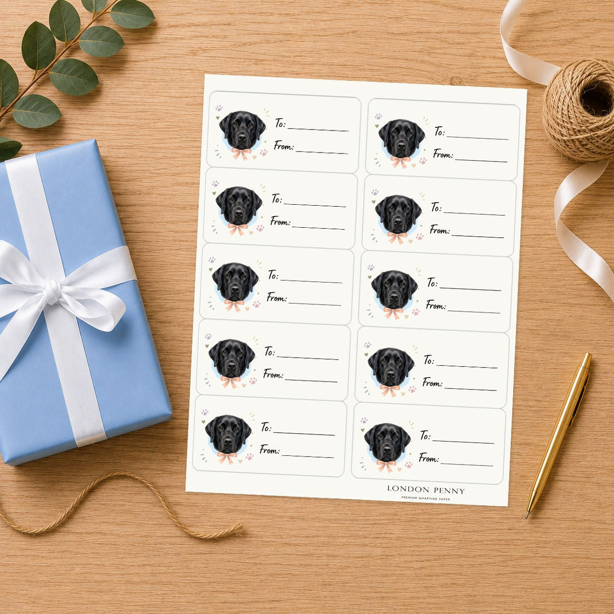 Labrador Retriever Paws & Bows Gift Tag Sticker Sheet