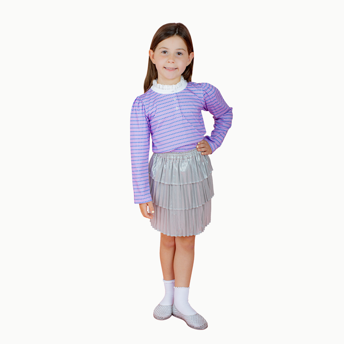 Lace Trim Long Sleeve Tee In Purple Floral Stripe