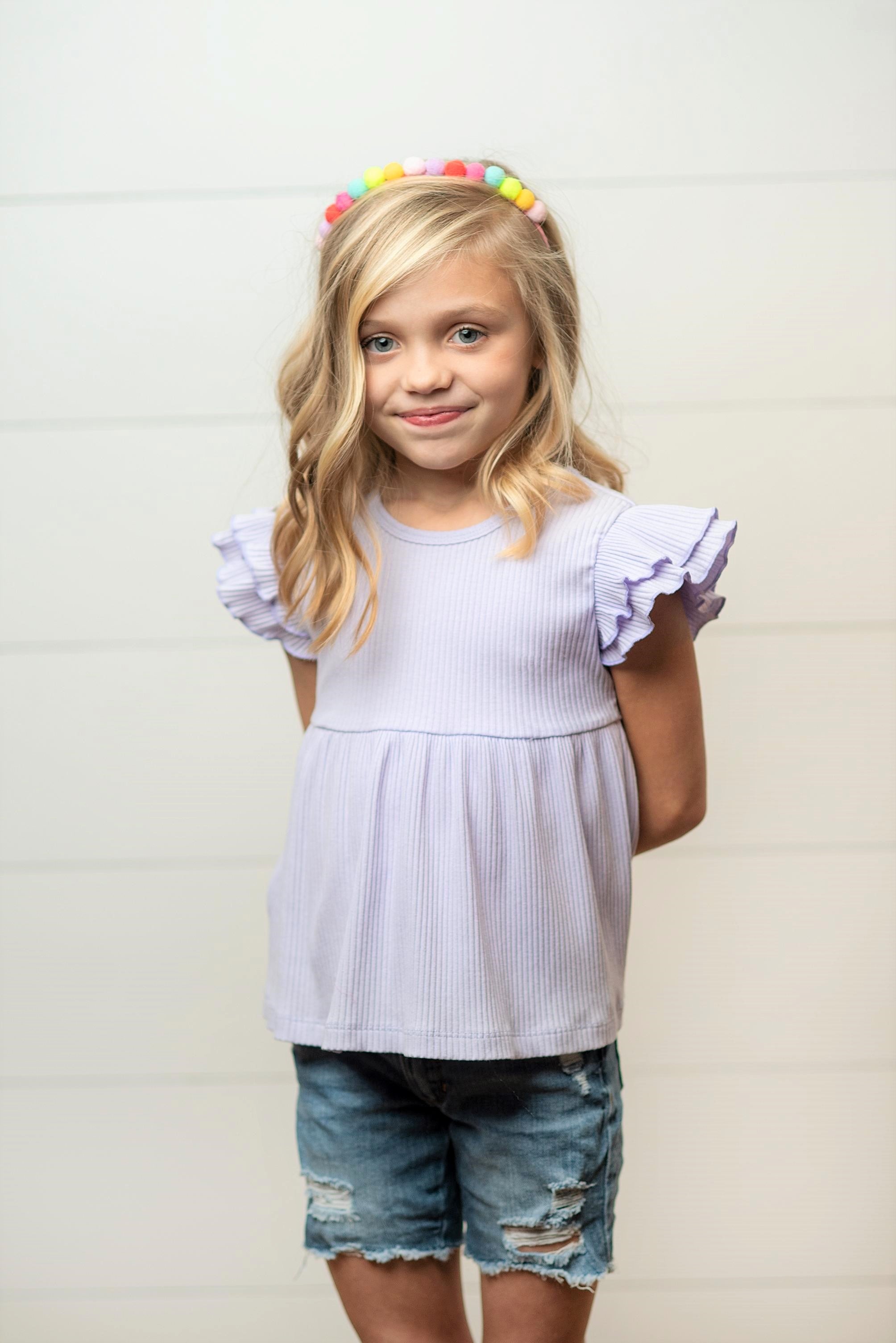 Ella Lavender Ribbed Flutter Shirt