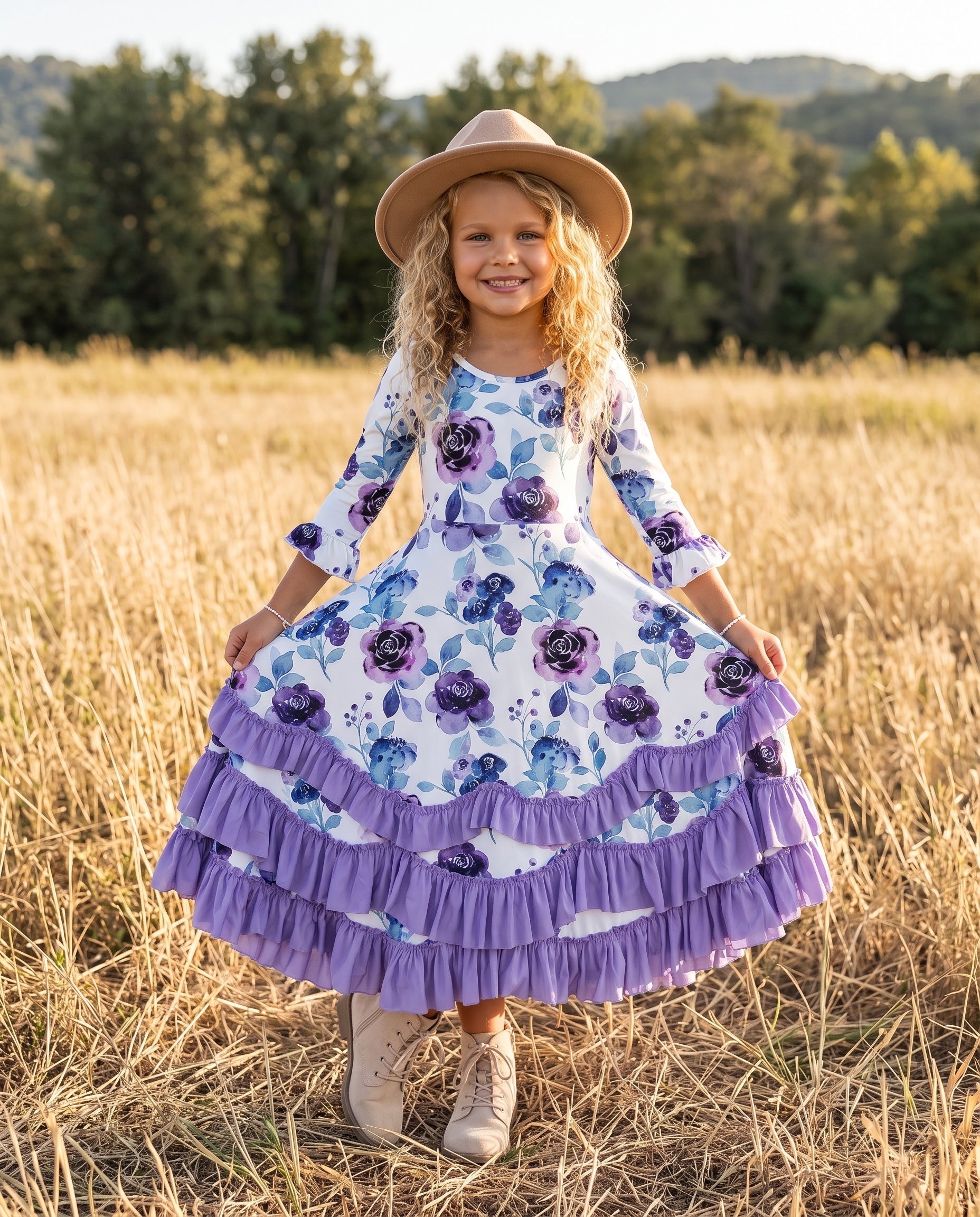 Lavender Floral Ruffles Dress