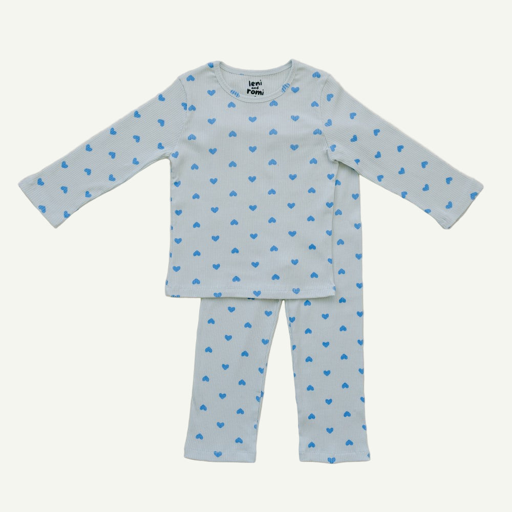 Leni & Romi | Kids Ribbed Cotton Set - Skydream Blue Hearts