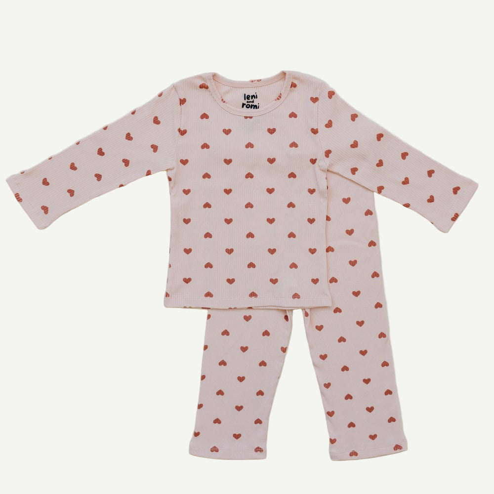 Leni & Romi | Kids Ribbed Cotton Set - Dreamy Mauve Hearts