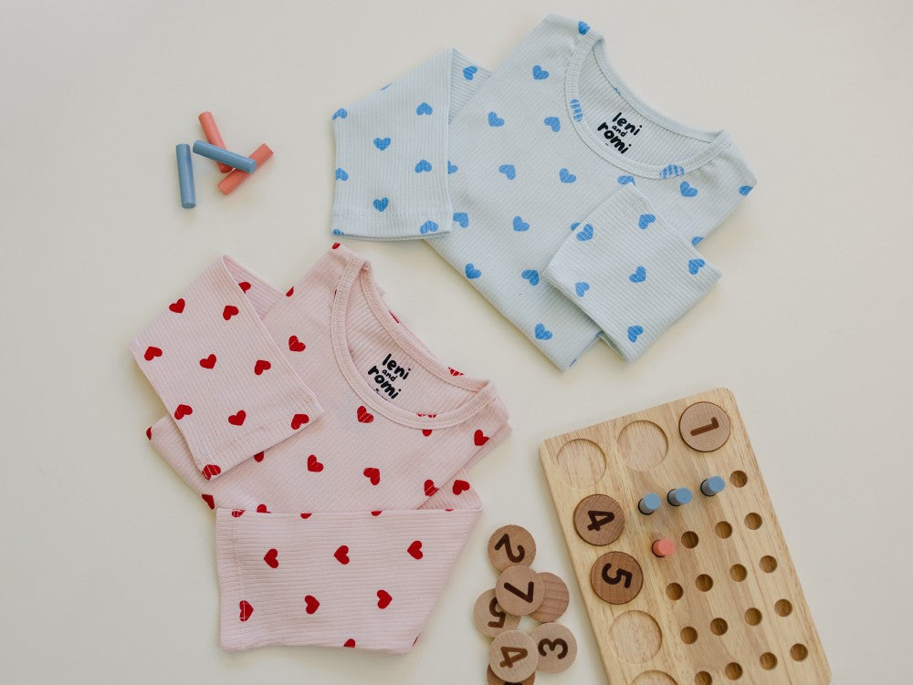 Leni & Romi | Kids Ribbed Cotton Set - Valentine Rose Hearts