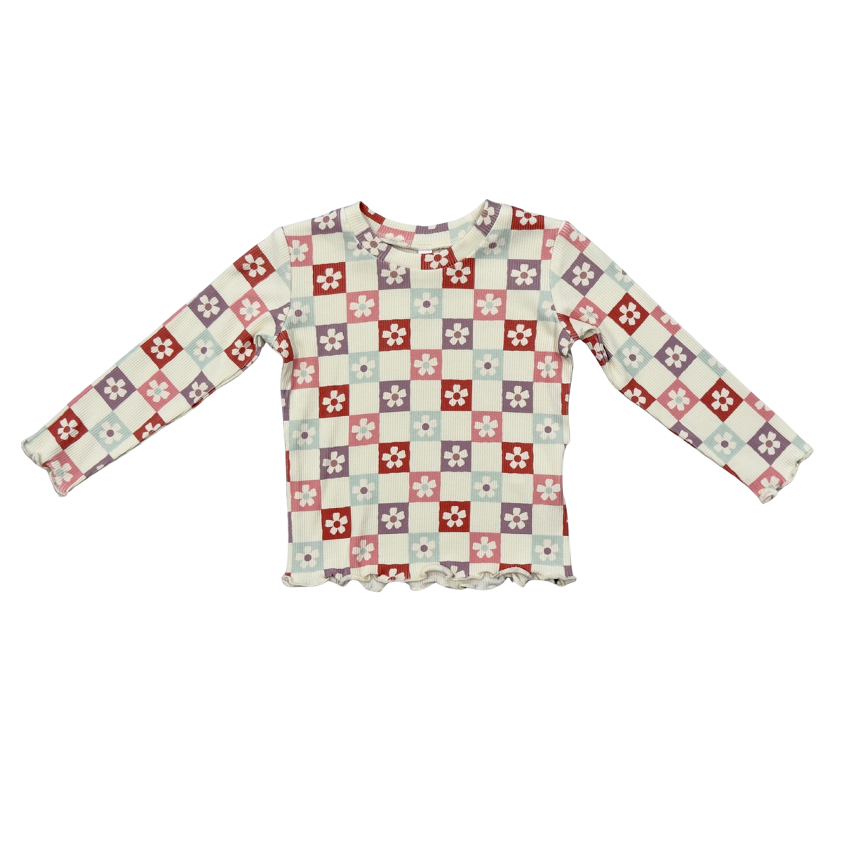 Girls Lettuce Hem Tee In Wavy Daisy Checkered