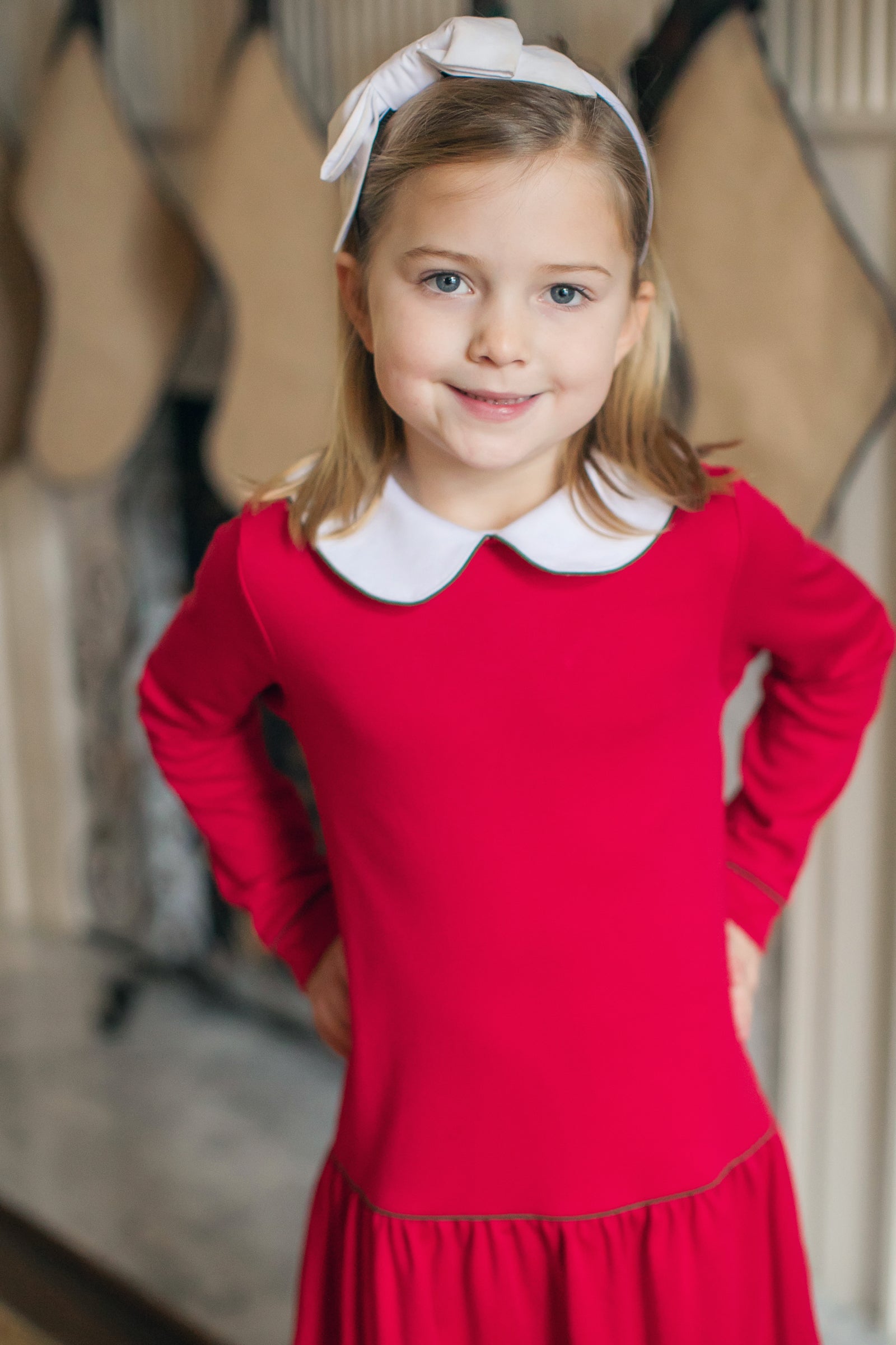 Lillian Girls' Dress - Red With Green Piping