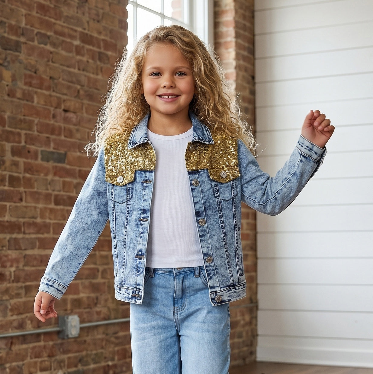 Little Luxe Gold Sequin Denim Jacket