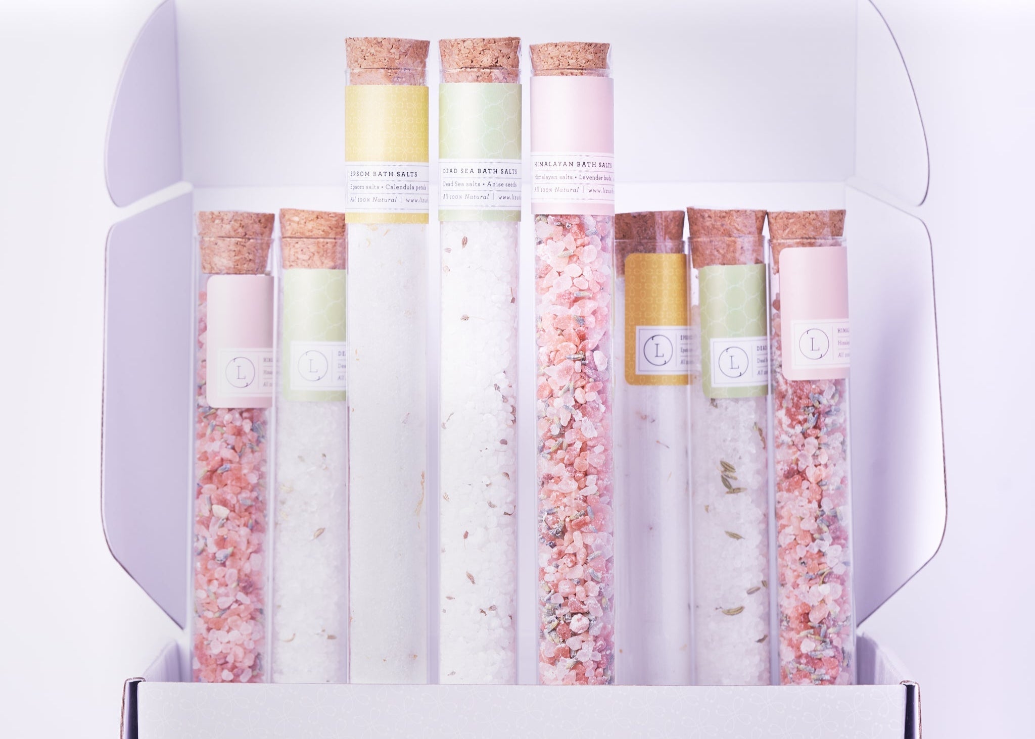 Natural Bath Salts Gift Set In 8 Glass Tubes, Luxurious Bath Experience