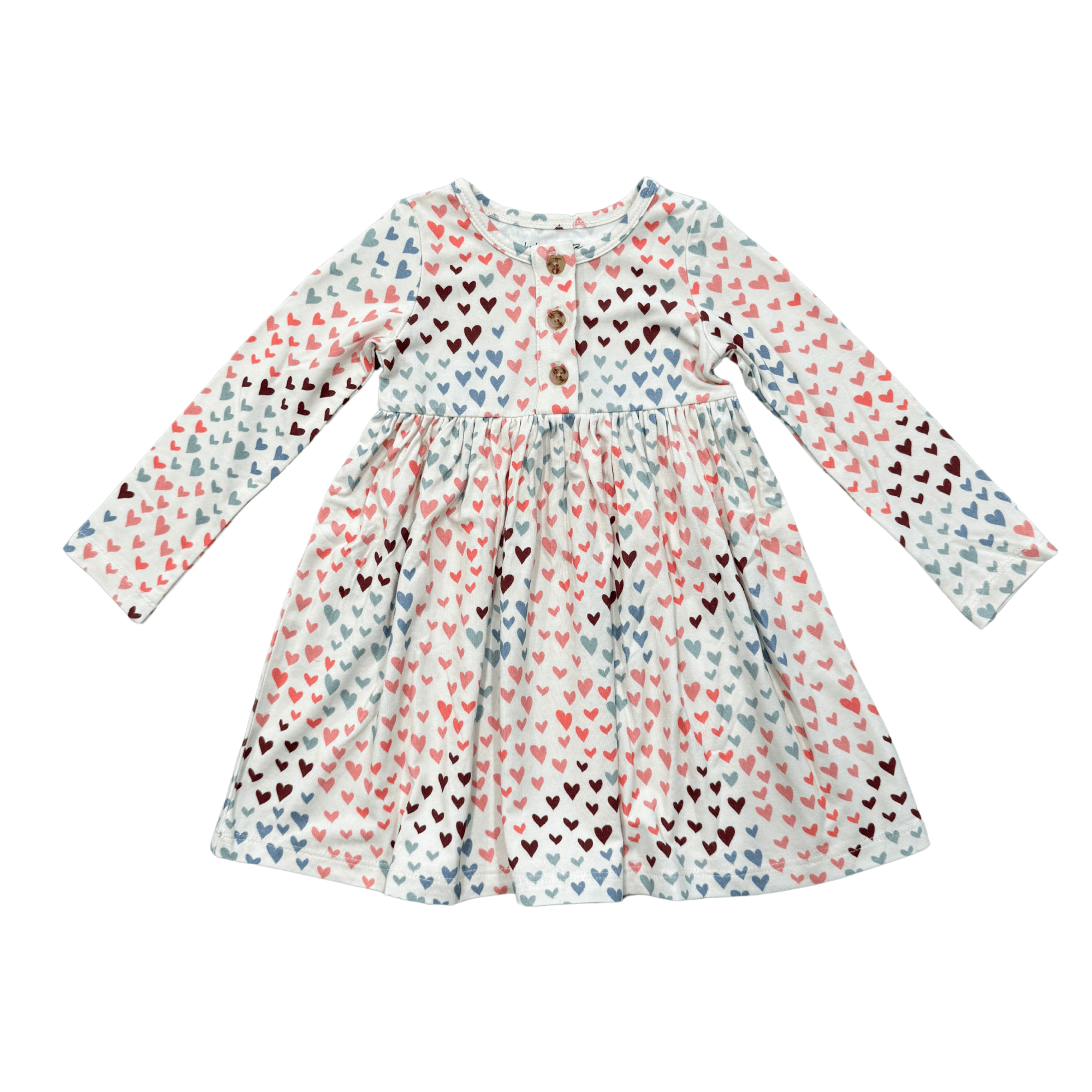 Girls Long Sleeve Henley Dress In Rainbow Hearts