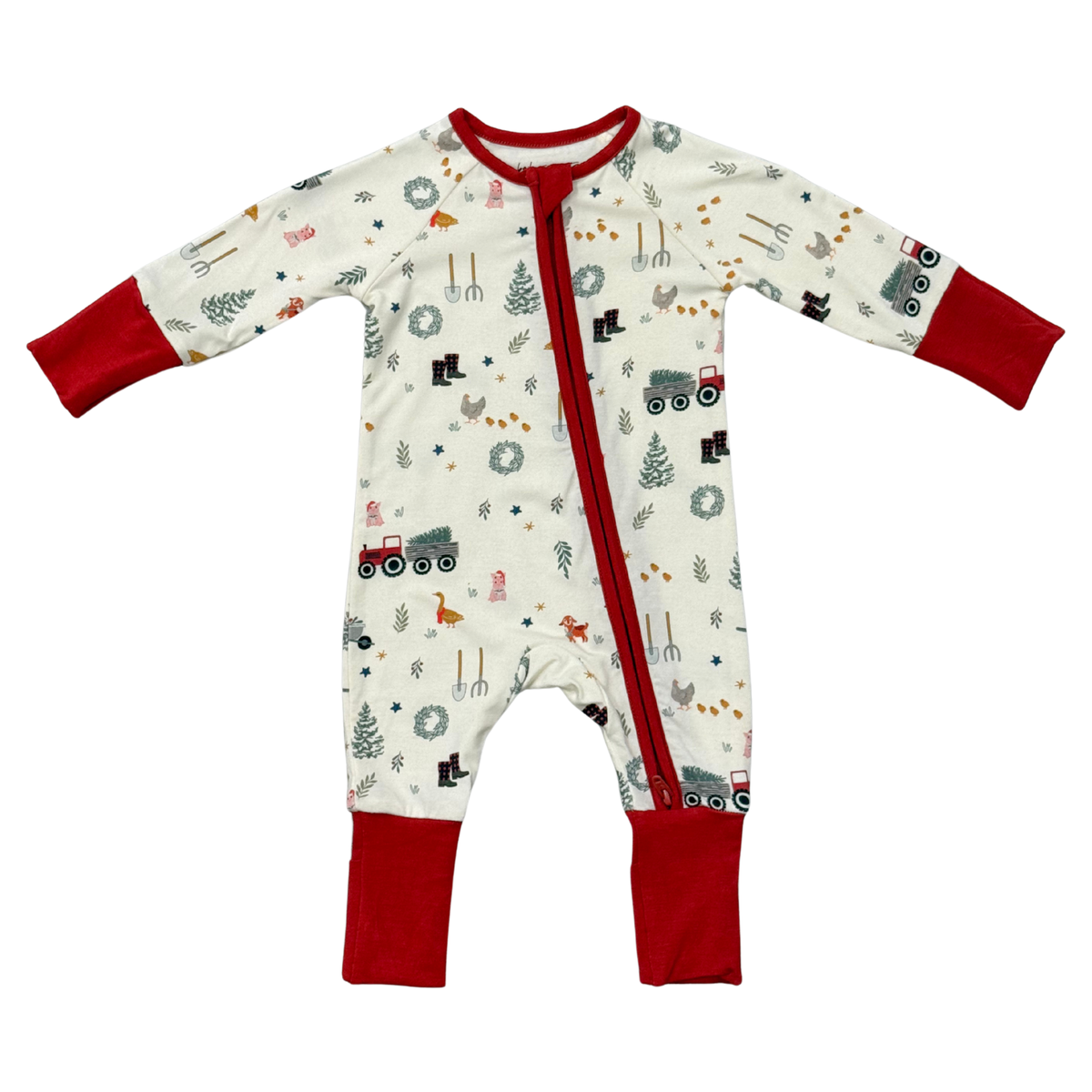 Baby Boy Long Sleeve Zip Romper In Christmas Farm