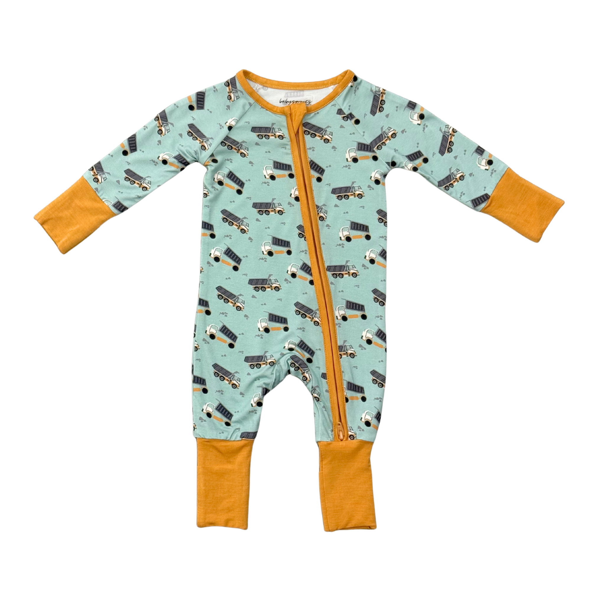 Baby Boy Long Sleeve Zip Romper In Dump Trucks