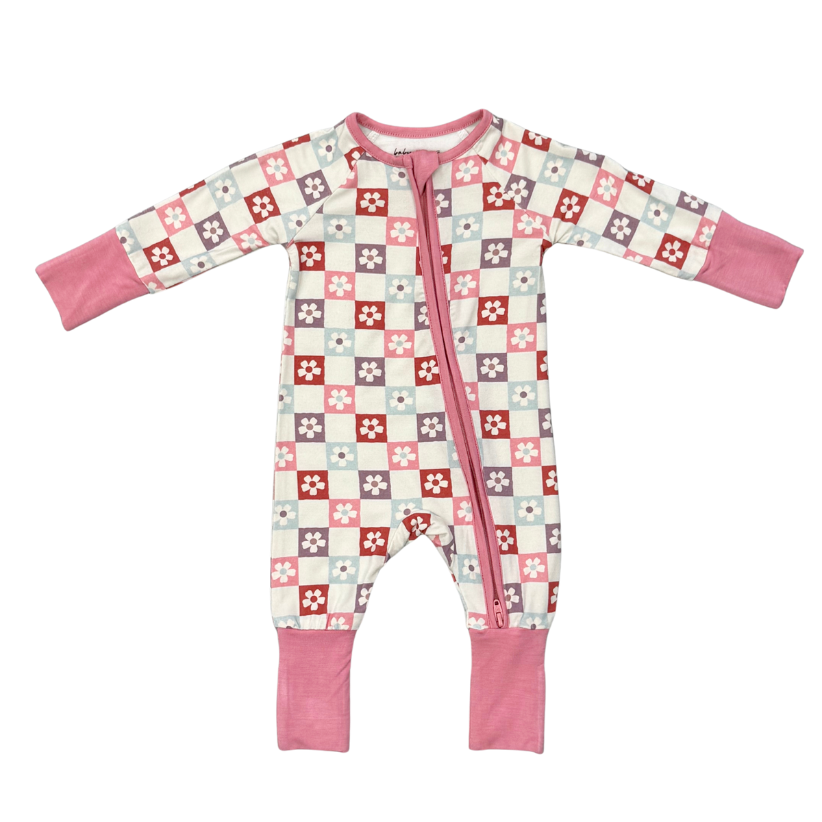 Long Sleeve Zip Romper In Wavy Daisy Checkered