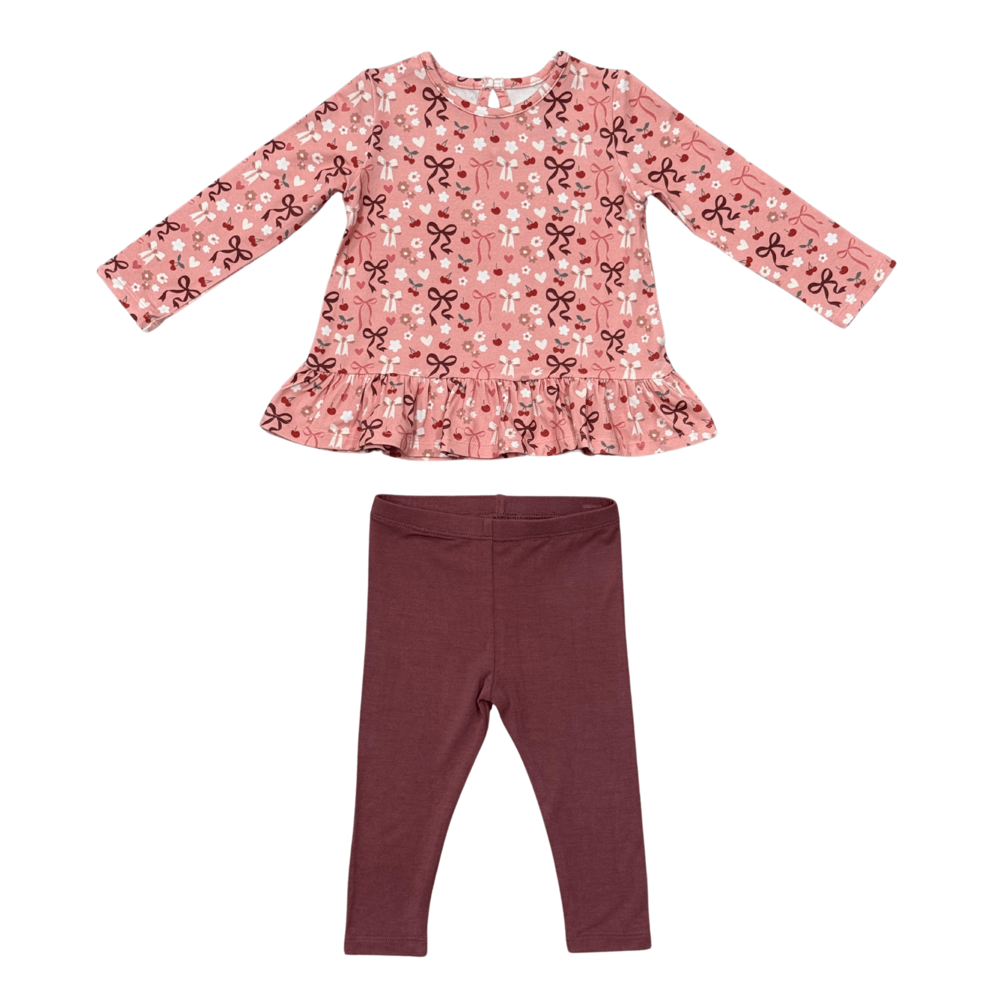 Girls Long Sleeve Peplum Set In Cherry Hearts