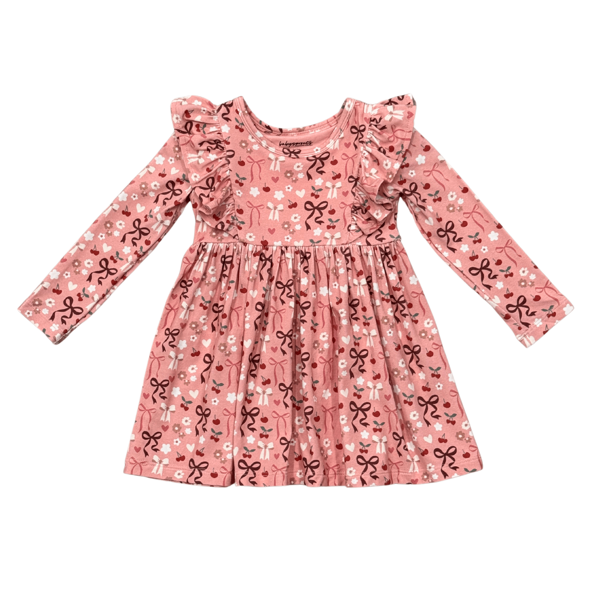 Girls Long Sleeve Ruffle Dress In Cherry Hearts