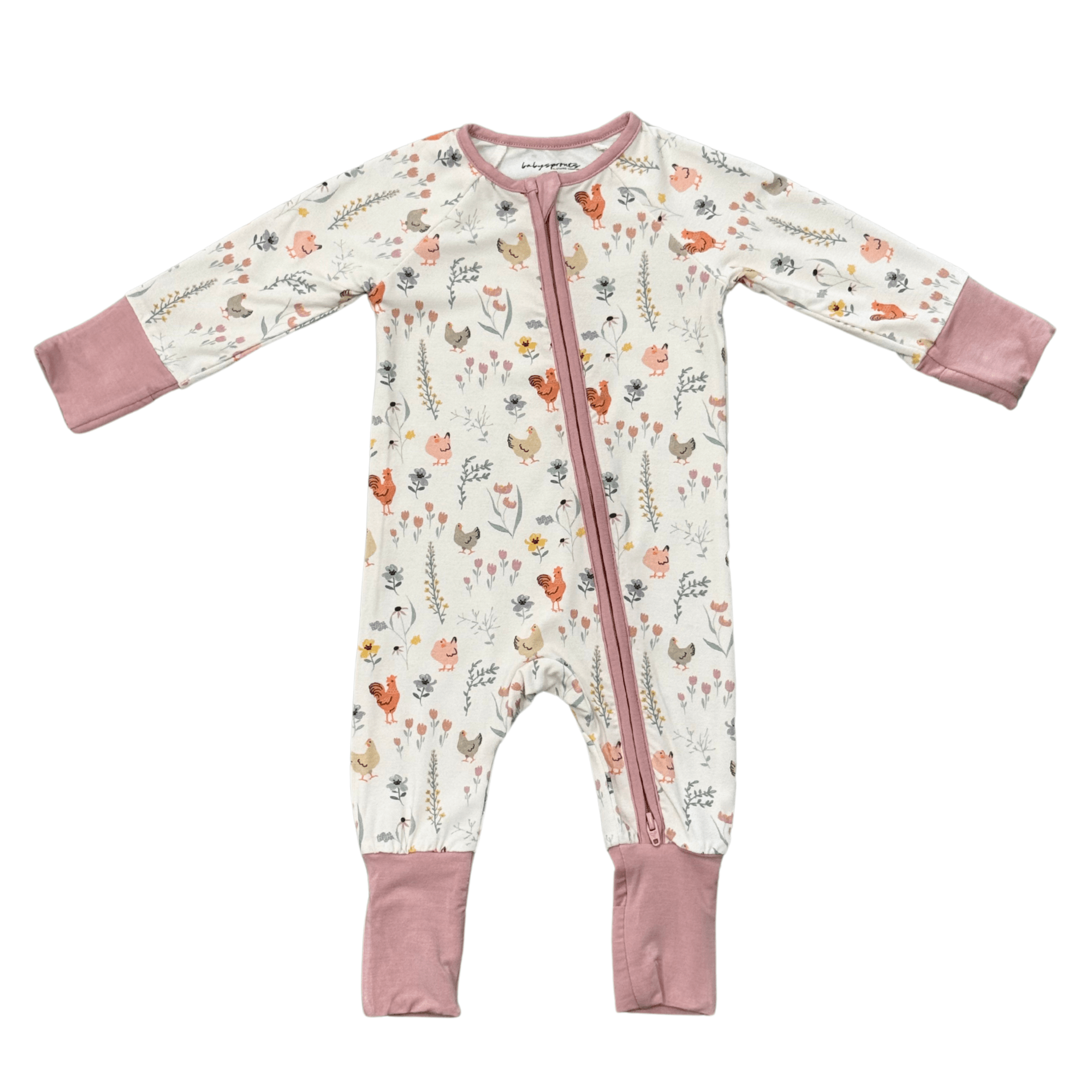 Baby Girl Long Sleeve Zip Romper In Floral Chicken