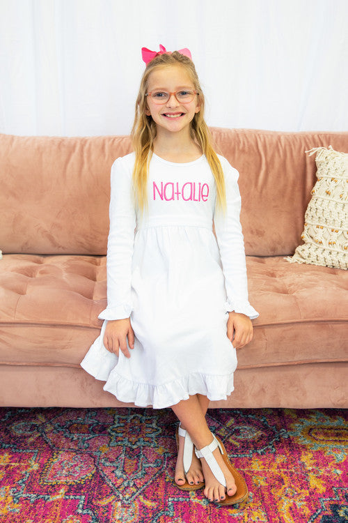 Girls Longsleeve Solid Dress With Tie