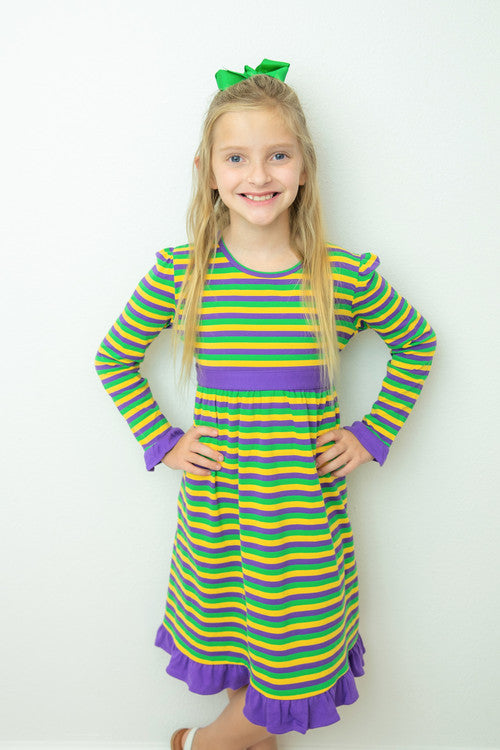 Girls Longsleeve Stripe Dress With Tie Back