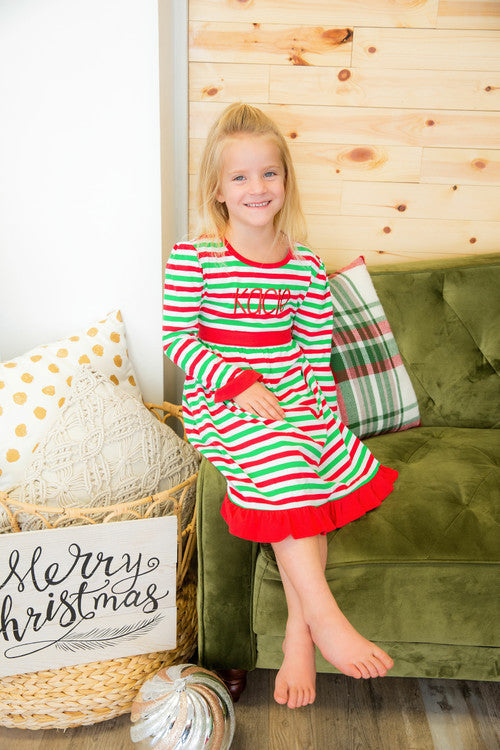 Girls Longsleeve Stripe Dress With Tie Back