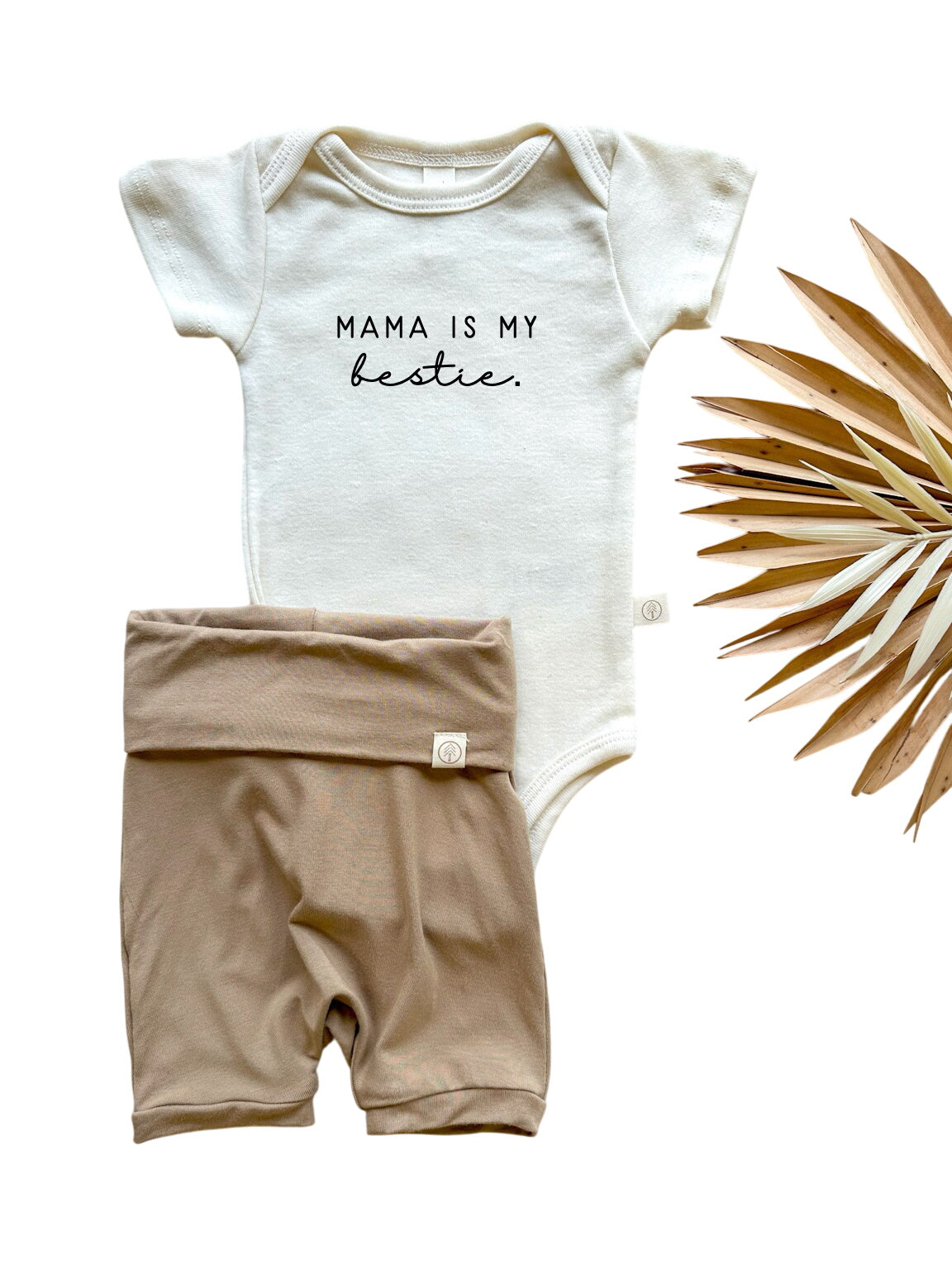 Mama Bestie | Bamboo Fold Over Shorties And Organic Cotton Bodysuit Set | Almond