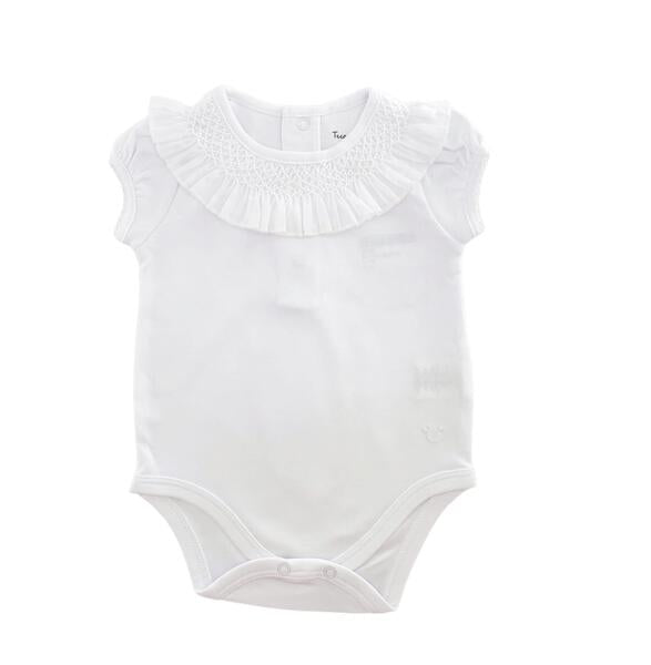 Smocked Short Sleeve Bodysuit, White