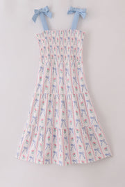 Blue Floral Bow Print Smocked Mom Dress
