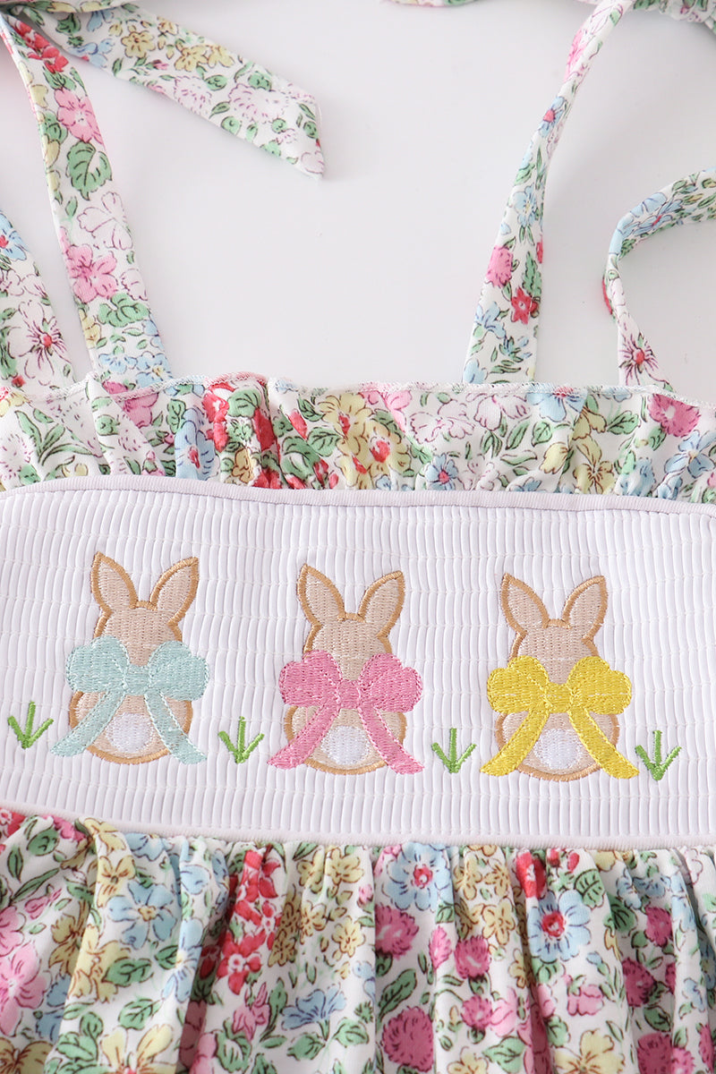 Floral Print Bunny Embroidery Smocked Girl Dress
