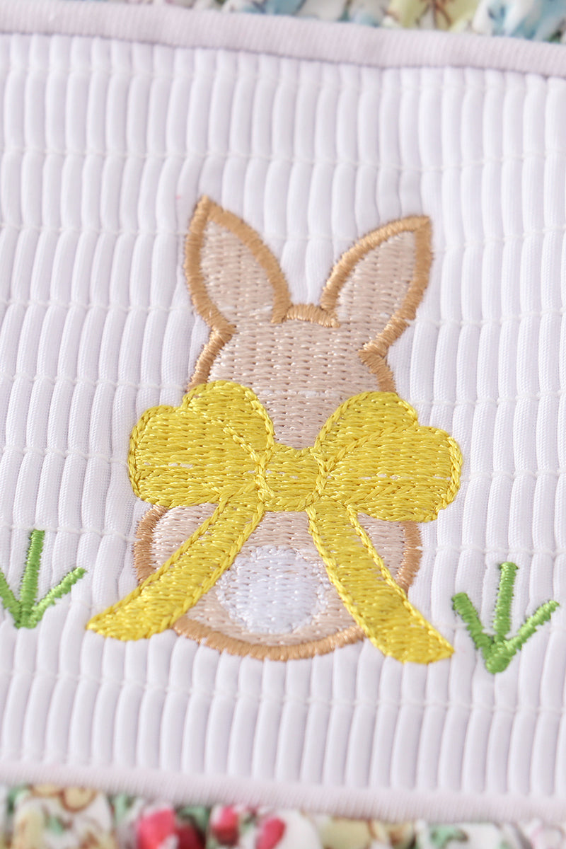 Floral Print Bunny Embroidery Smocked Girl Dress