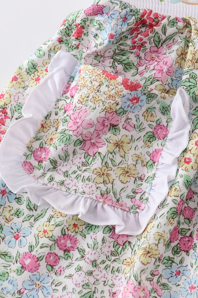 Floral Print Bunny Embroidery Smocked Girl Dress