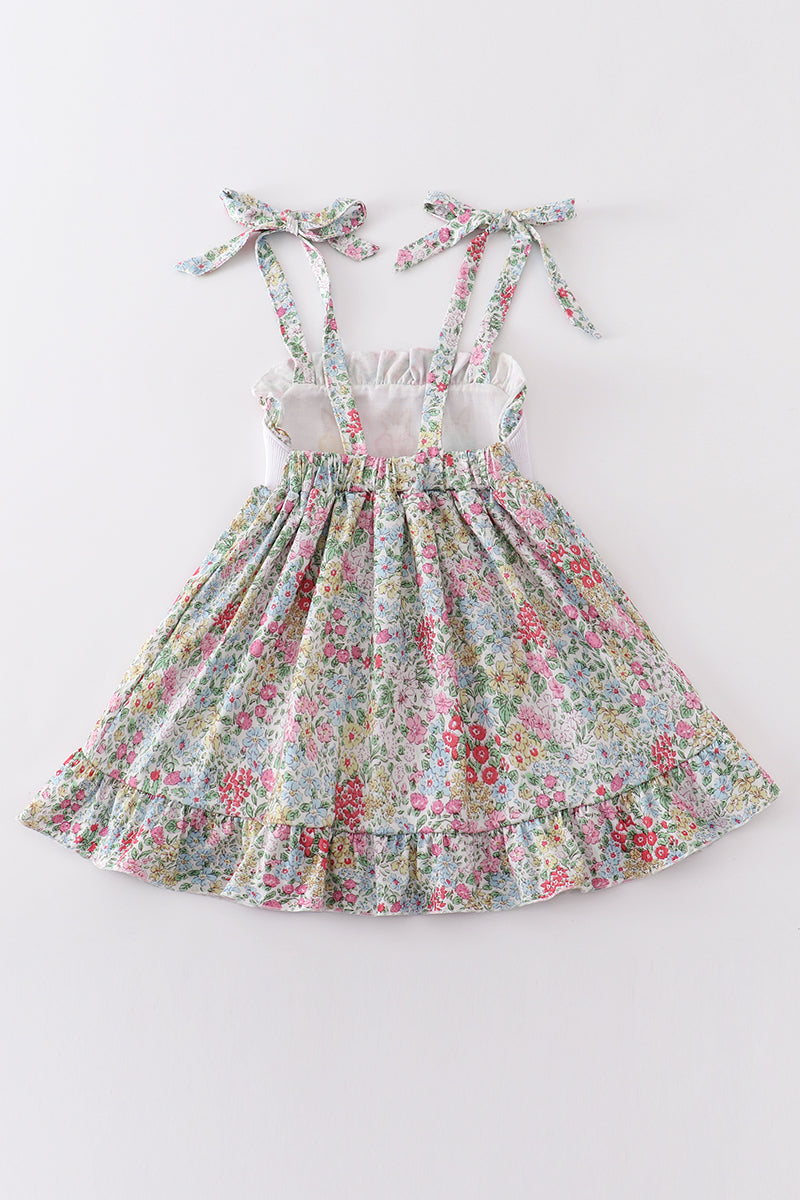 Floral Print Bunny Embroidery Smocked Girl Dress