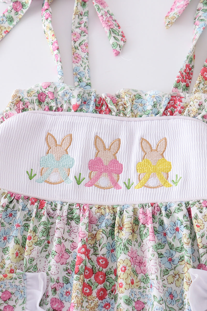 Floral Print Bunny Embroidery Smocked Girl Set