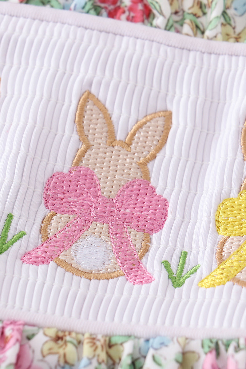 Floral Print Bunny Embroidery Smocked Girl Set